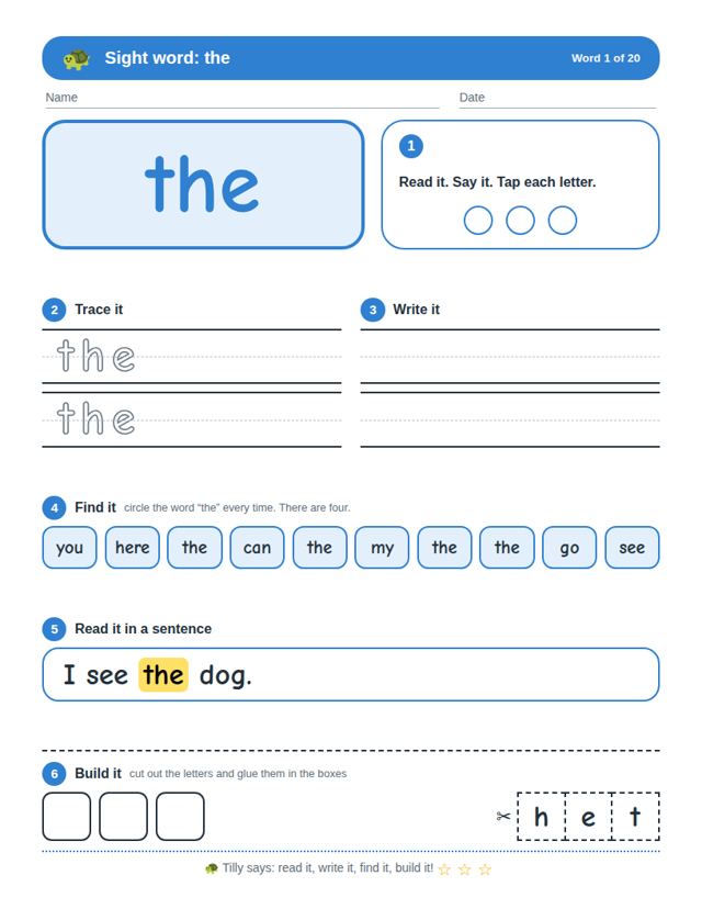 Sample page from Sight Words Set 1