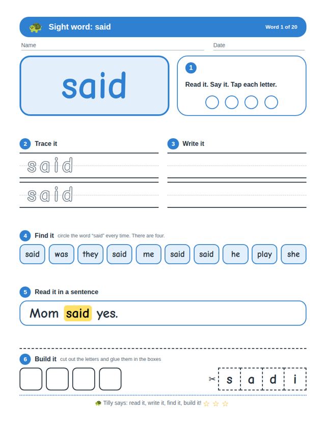Sample page from Sight Words Set 2
