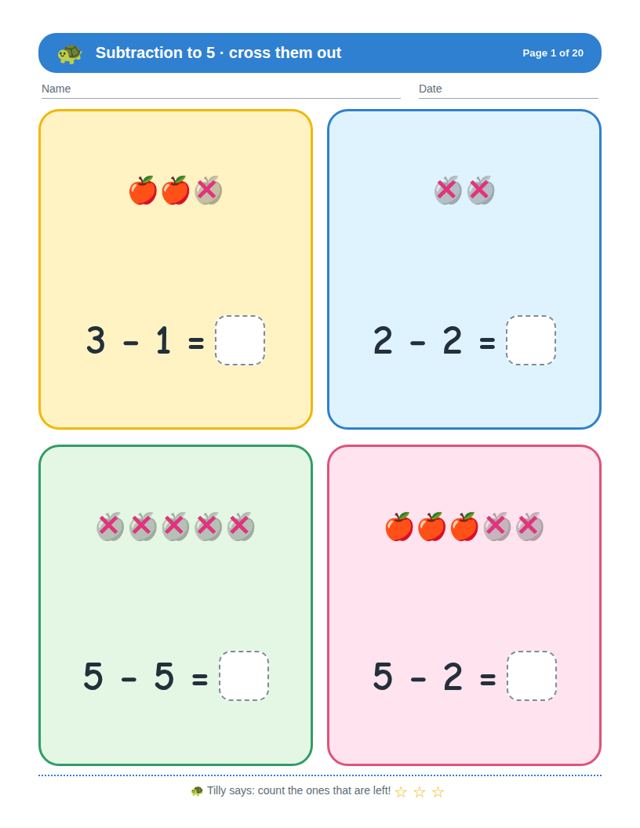 Sample page from Subtraction to 5