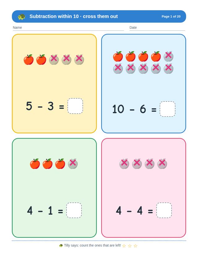 Sample page from Subtraction to 10